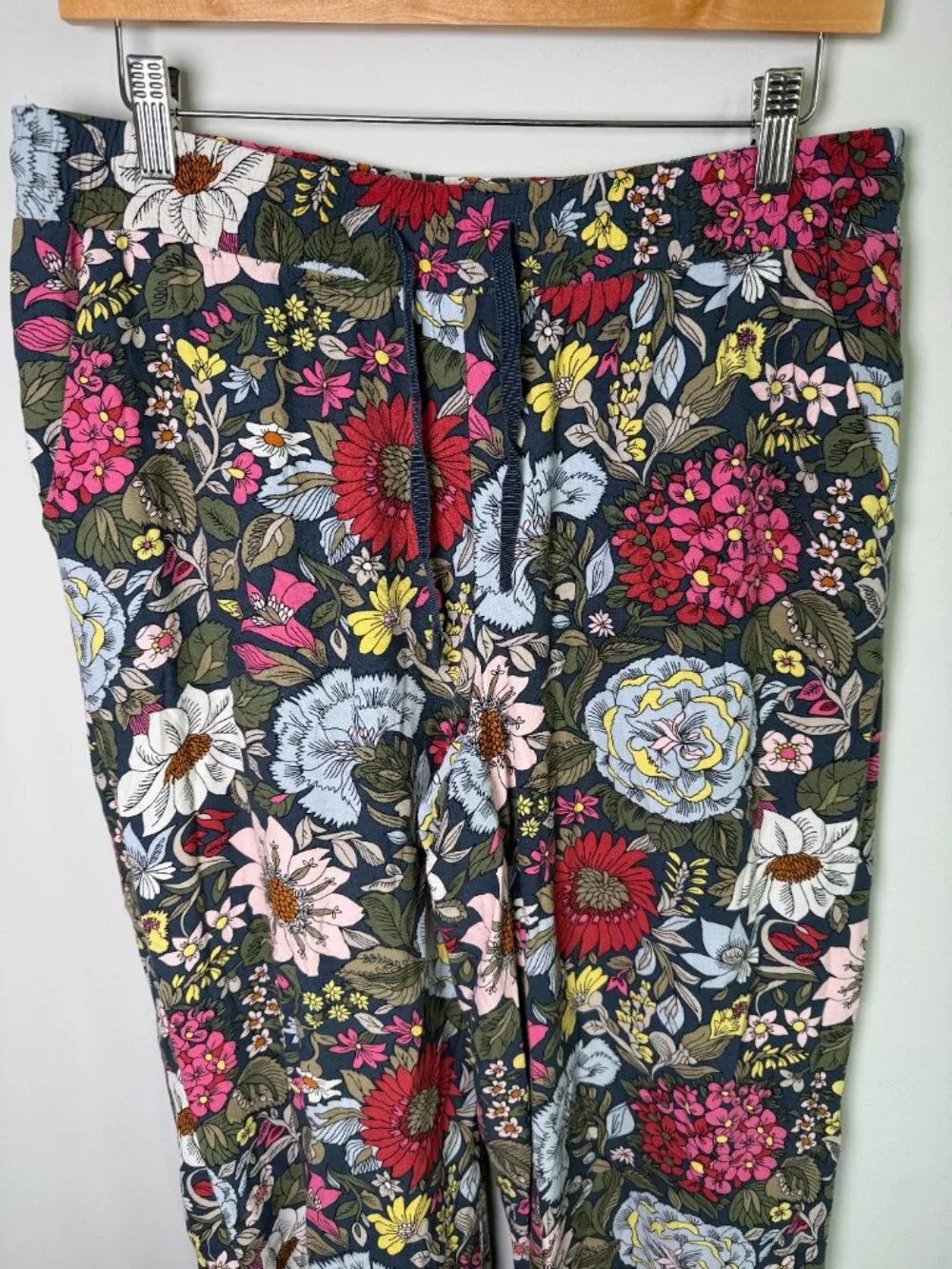 LOFT Petites Navy Floral Wide Leg Pull-On Pants Drawstring Sz MP